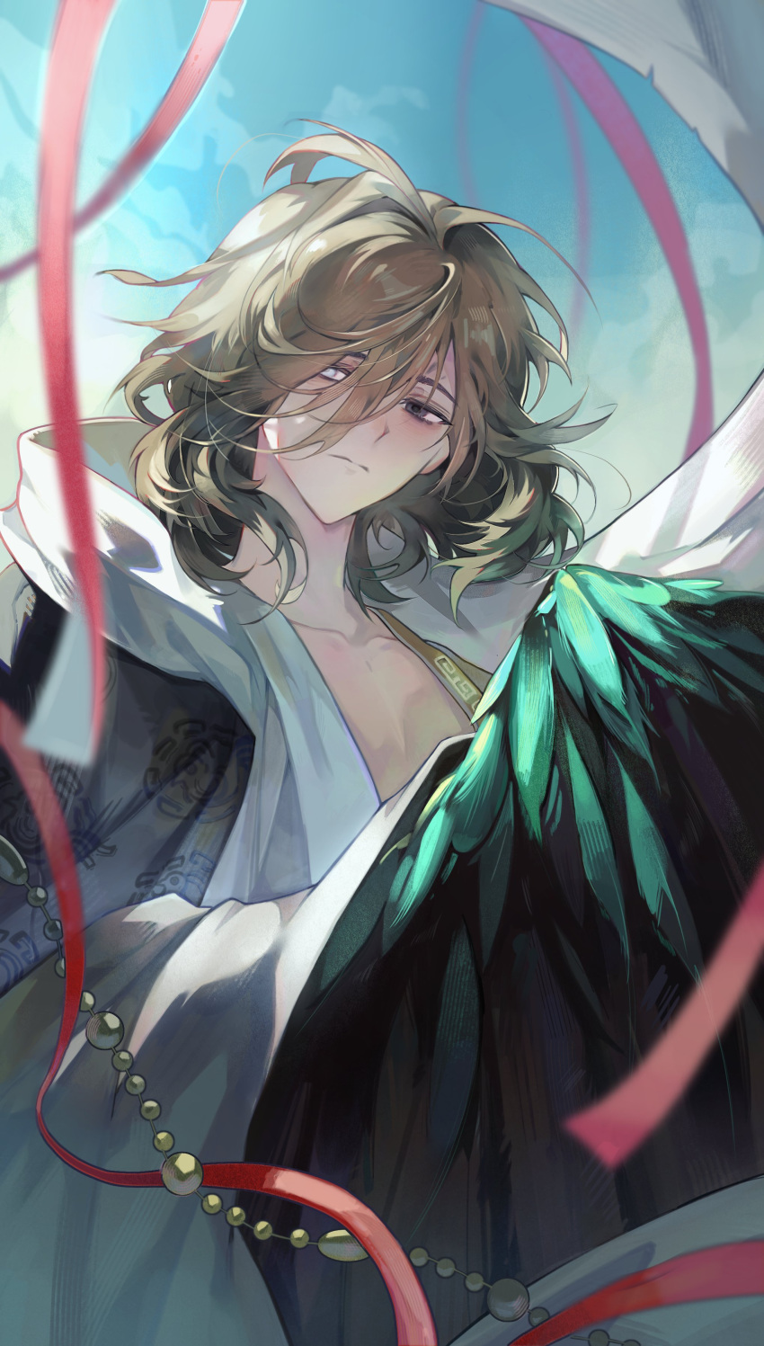 1boy, absurdres, bird_wings, black_eyes, blue_background, blue_eyes, blue_sky, brown_hair