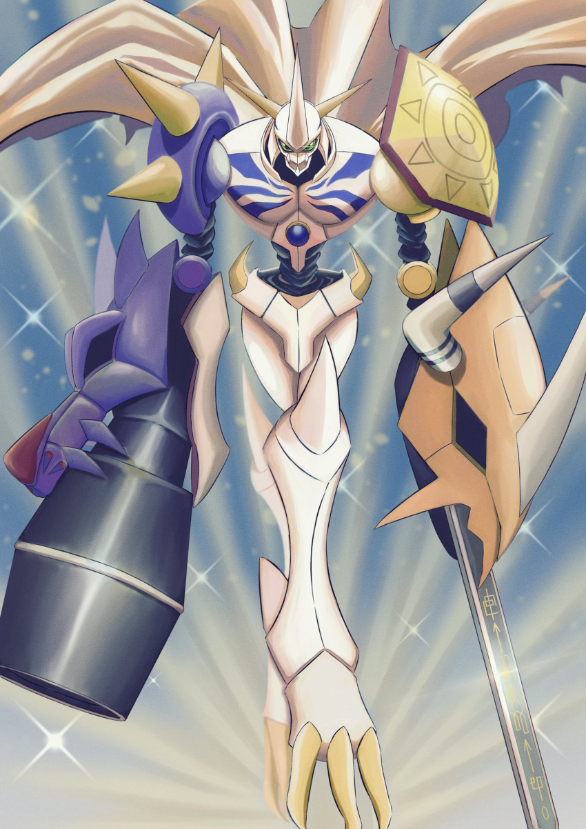arm_blade, arm_cannon, armor, cape, digimon, digimon_(creature), energy_gun, green_eyes, highres, horns, humanoid_robot, multiple_heads, omegamon, potato_(ewokakupotato), robot, shoulder_armor, solo, spikes, sword, weapon, white_cape