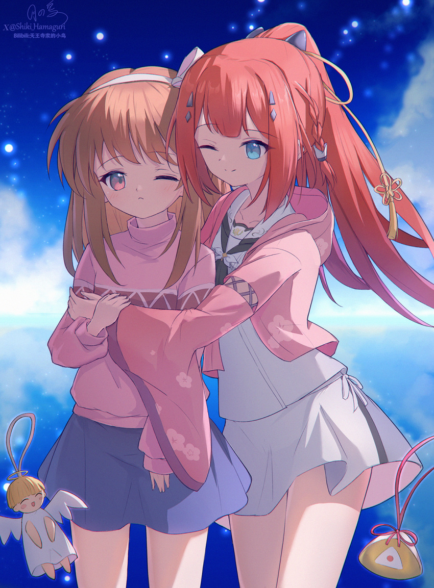 2girls, ;(, ;), angel, ascot, black_ascot, blue_eyes, blue_skirt