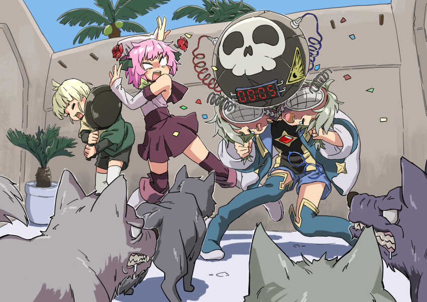 1boy, 1girl, 2boys, android, angry, bare_shoulders, bisected, blonde_hair