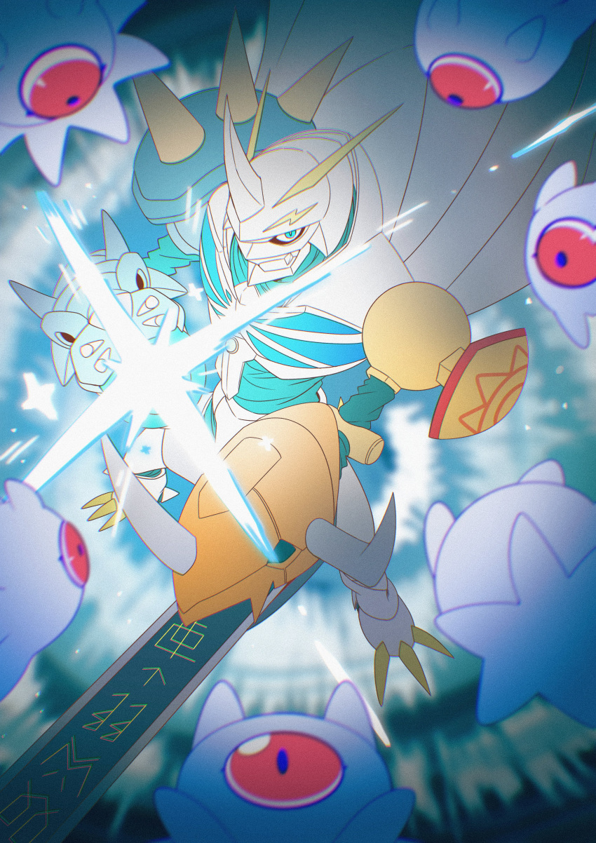 absurdres, arm_blade, arm_cannon, armor, blue_eyes, cape, digimon_(creature), digimon_adventure_02:_diablomon_no_gyakushu