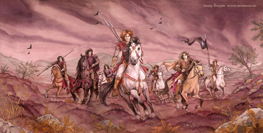6+boys, amras, amrod, bird, black_hair, black_horse, bridle, brothers