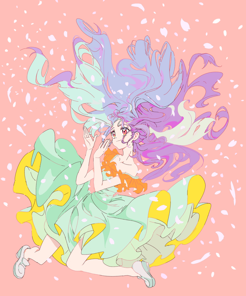 1girl, dress, floating_hair, full_body, green_dress, highres, leotard, long_hair, orange_eyes, original, petals, purple_hair, shirayujk, smile, solo, strapless, strapless_leotard
