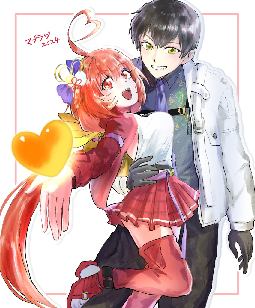 1boy, 1girl, ahoge, black_gloves, black_hair, black_pants, black_shirt, bow