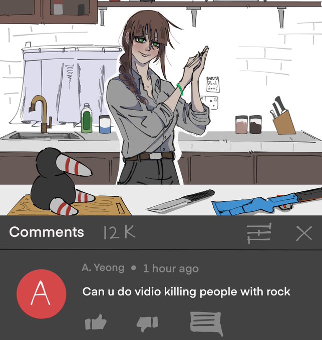2girls, alternate_costume, amputee, android, ariane_yeong, bracelet, braid, brown_hair, button-down_collar, cabinet, chibi, corrupted_storch_(signalis), counter, curtains, cutting_board, derivative_work, dishwashing_soap, double-barreled_rifle, double_amputee, fake_screenshot, faucet, green_eyes, gun, isolde_itou, jewelry, kill_someone_with_a_rock_(meme), kitchen_knife, knife, knife_block, meme, mini_person, minigirl, mole, mole_under_eye, multiple_girls, own_hands_together, ponytail, rifle, screenshot_redraw, signalis, single_braid, sink, sitting, smile, stonch_(meme), storch_(signalis), thunder0star, weapon, zombie