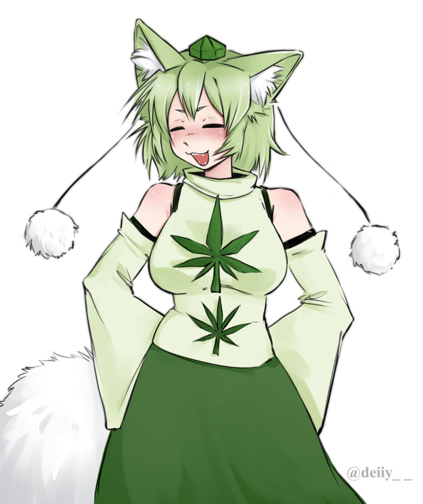 1girl, alternate_color, animal_ear_fluff, animal_ears, arms_behind_back, blush, breasts, closed_eyes, commentary, cowboy_shot, deily, detached_sleeves, english_commentary, green_hair, green_hat, green_shirt, green_skirt, green_sleeves, hat, highres, inubashiri_momiji, marijuana, medium_bangs, medium_breasts, open_mouth, pom_pom_(clothes), shirt, short_hair, simple_background, skirt, sleeveless, sleeveless_shirt, smile, solo, tail, tokin_hat, touhou, turtleneck, turtleneck_shirt, white_background, wolf_ears, wolf_girl, wolf_tail