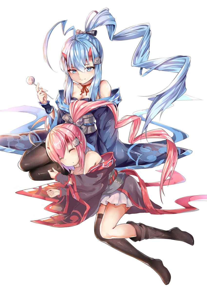 2girls, absurdres, ahoge, azur_lane, bare_shoulders, black_thighhighs, blue_eyes, blue_hair