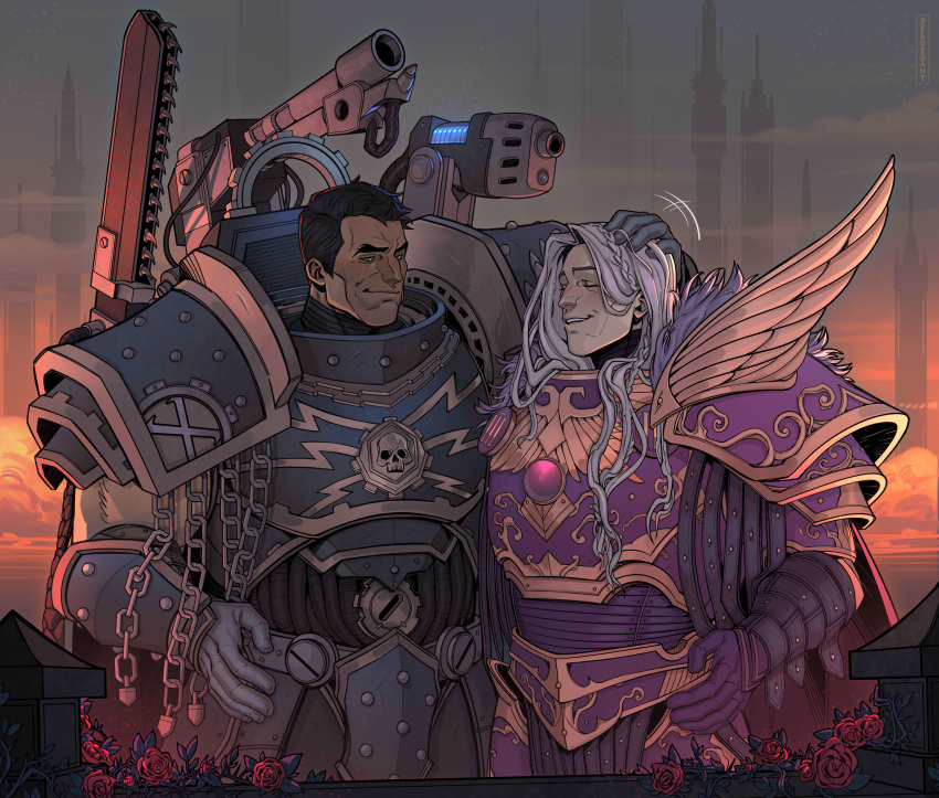 2boys, absurdres, armor, black_hair, braid, breastplate, closed_eyes, closed_mouth