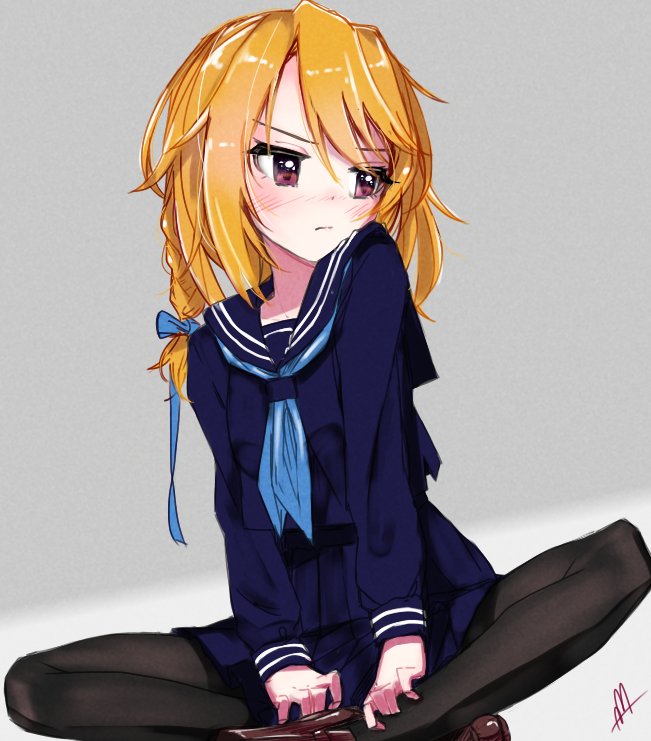 1girl, alternate_hairstyle, black_pantyhose, blue_neckerchief, blue_ribbon, blue_sailor_collar, blue_serafuku, blue_skirt