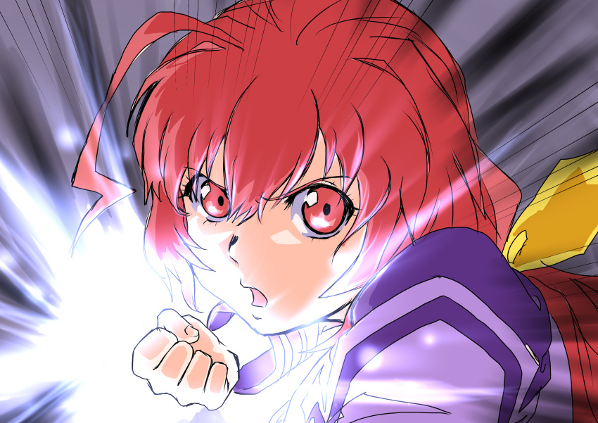 1girl, absurdres, ahoge, bow, hakuryou_high_school_uniform, highres, incoming_attack, incoming_punch, kagami_sumika, legna1113, long_hair, looking_at_viewer, muv-luv, puffy_sleeves, punching, red_eyes, redhead, school_uniform, solo, speed_lines