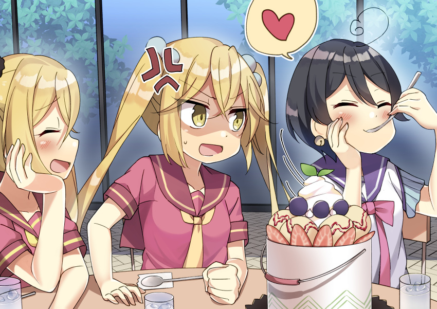 3girls, absurdres, ahoge, anri_airi, asuka_yuuri, asunaro_school_uniform, black_hair, blonde_hair