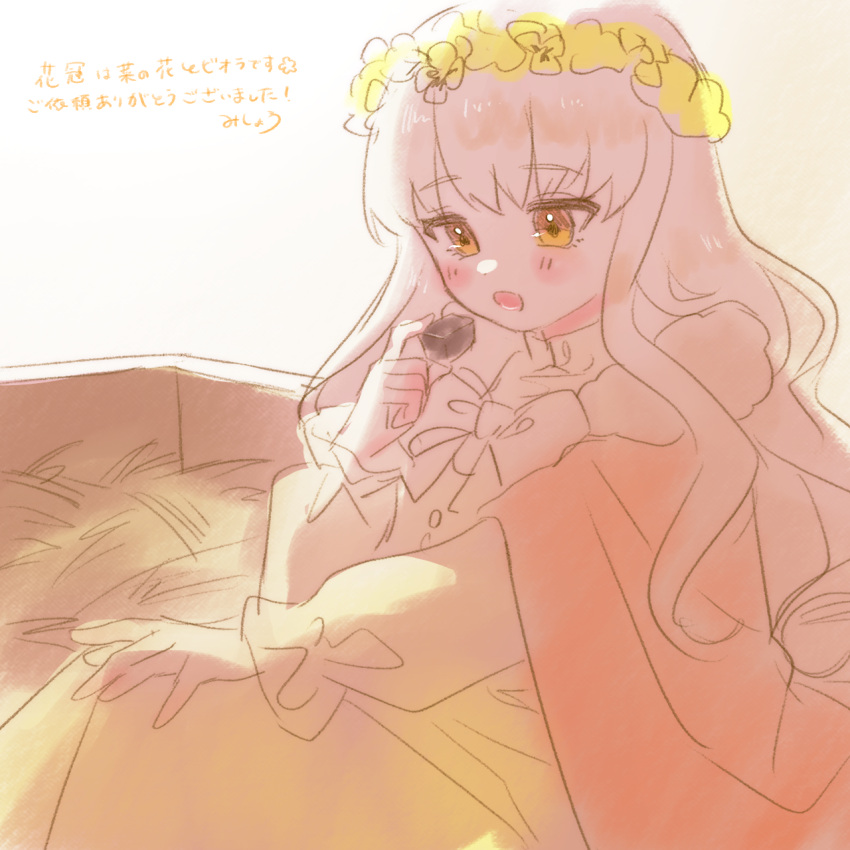 1girl, :o, annih_epica, bow, bowtie, chocolate, clarice_miche, dress, hay, head_wreath, highres, long_hair, long_sleeves, mishoww, sitting, sketch, solo, wagon, white_hair, yellow_dress, yellow_eyes