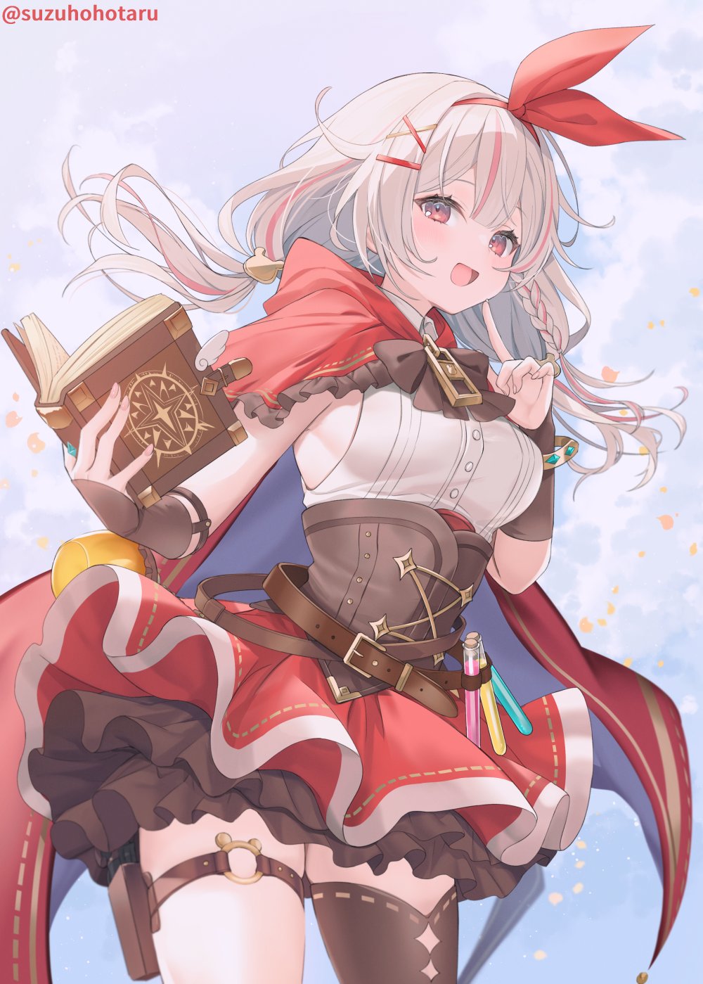 1girl, alulu_lia_(vtuber), belt, book, braid, cloak, commission, hair_ribbon, highres, holding, holding_book, indie_virtual_youtuber, long_hair, low_twintails, multicolored_hair, open_mouth, pink_hair, red_cloak, red_eyes, red_ribbon, red_skirt, ribbon, shirt, skeb_commission, skirt, solo, streaked_hair, suzuho_hotaru, test_tube, twintails, twitter_username, two-tone_hair, virtual_youtuber, white_hair, white_shirt