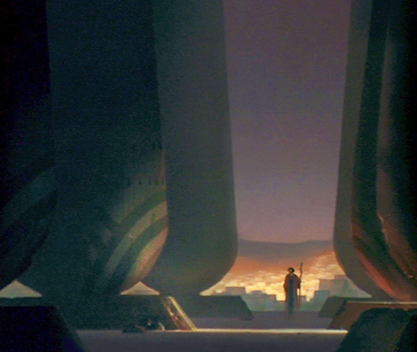 1boy, building, cityscape, english_commentary, highres, holding, holding_staff, moses_(bible), nathan_fowkes, night, official_art, production_art, robe, scenery, sky, solo, staff, the_prince_of_egypt