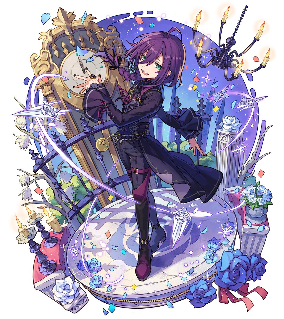 1boy, ahoge, aqua_eyes, arm_behind_back, ascot, ayase_mayoi, bell_sleeves, belt