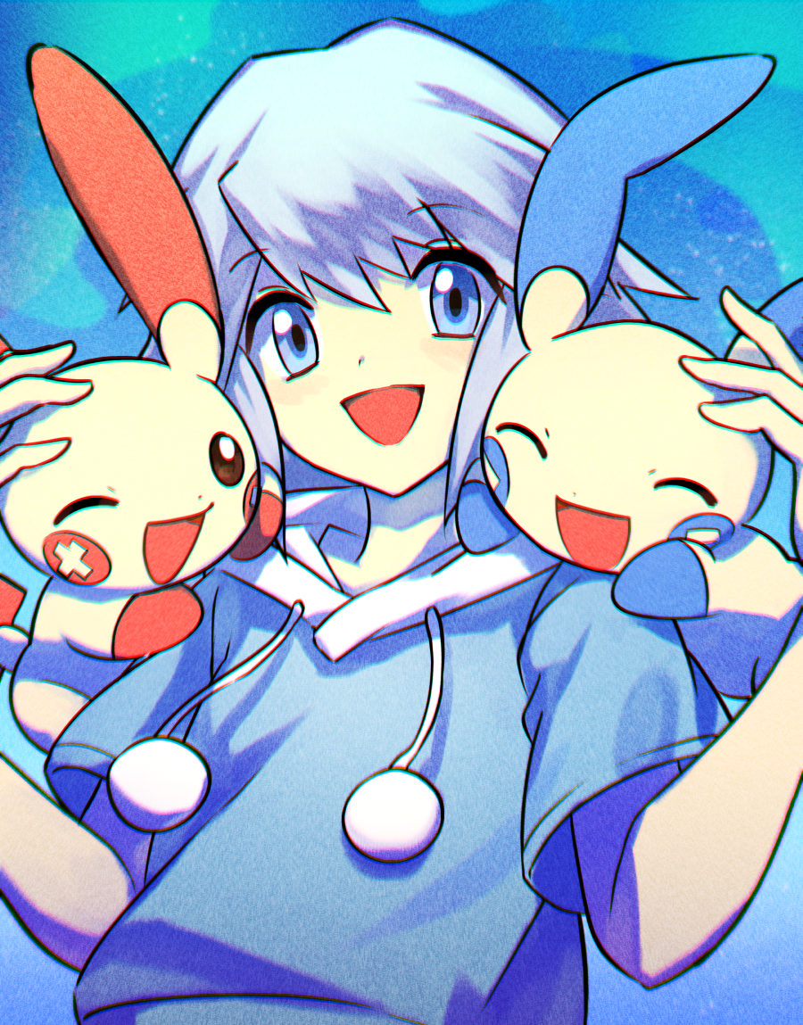 1boy, :d, blue_background, blue_eyes, blue_hair, blue_hoodie, blue_theme, chromatic_aberration