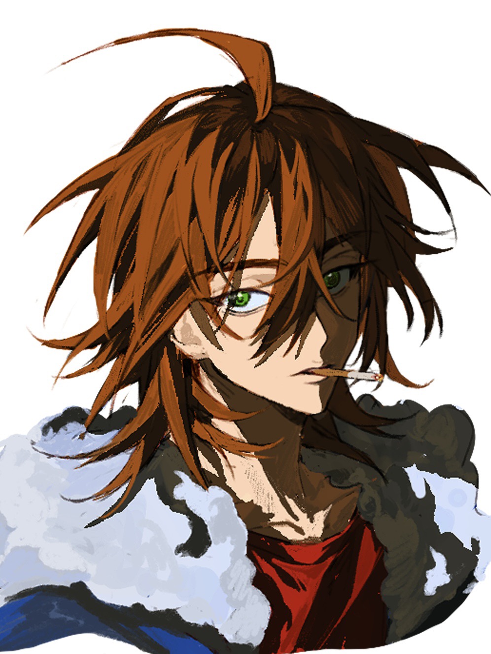 1boy, ahoge, blue_jacket, brown_hair, chinese_commentary, cigarette, commentary_request, fur-trimmed_jacket