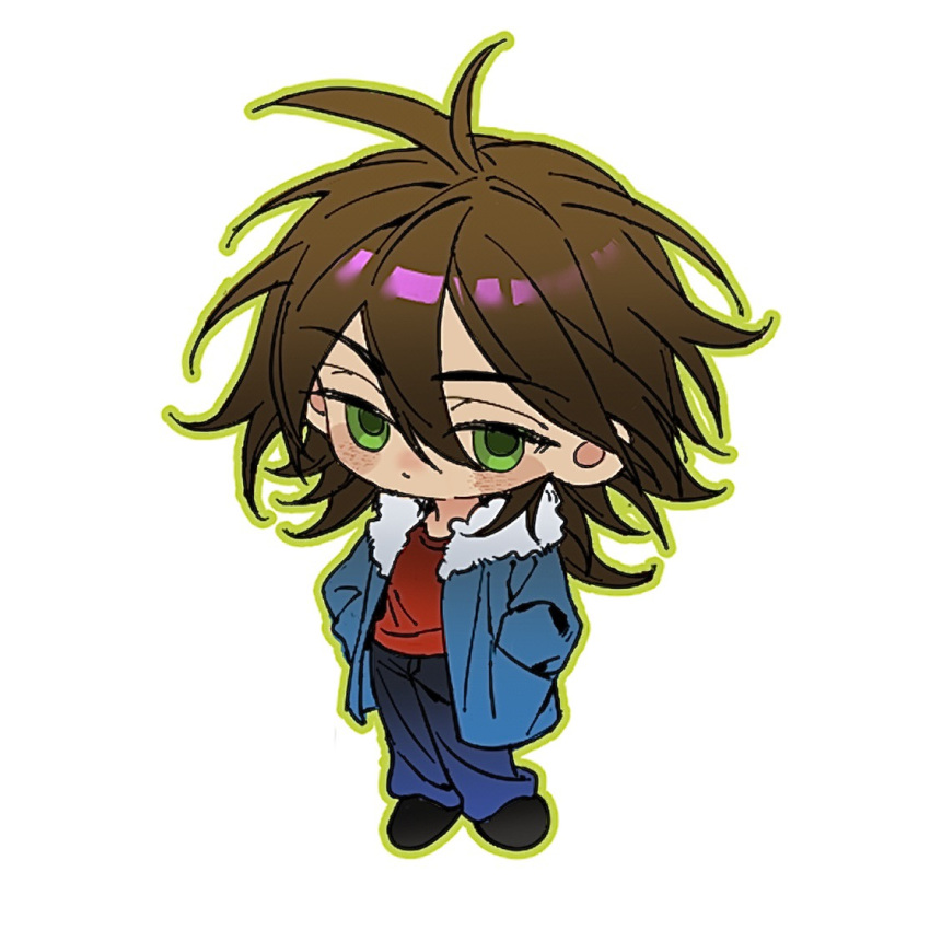 1boy, blue_jacket, blue_pants, brown_hair, chinese_commentary, commentary_request, fur-trimmed_jacket, fur_trim