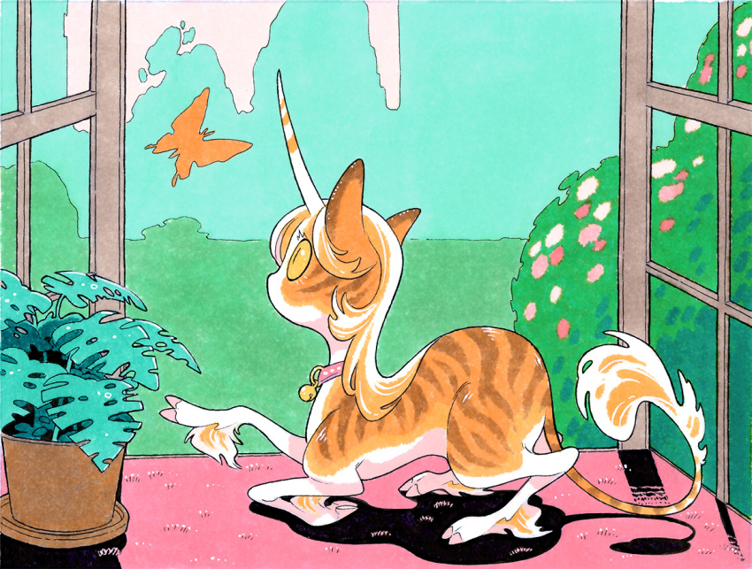 1other, bell, blonde_hair, bug, butterfly, cat, collar, colored_sclera