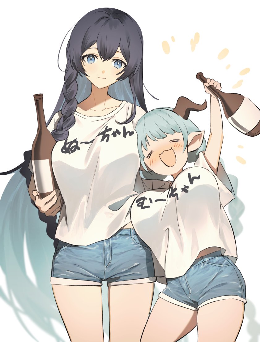 2girls, black_hair, bottle, braid, breasts, colored_inner_hair, denim, denim_shorts, draph, drunk, granblue_fantasy, horns, lamretta, large_breasts, long_hair, multicolored_hair, multiple_girls, sake_bottle, shirt, shorts, single_braid, tefnut_(granblue_fantasy), twin_braids, umeda_shiso, white_shirt