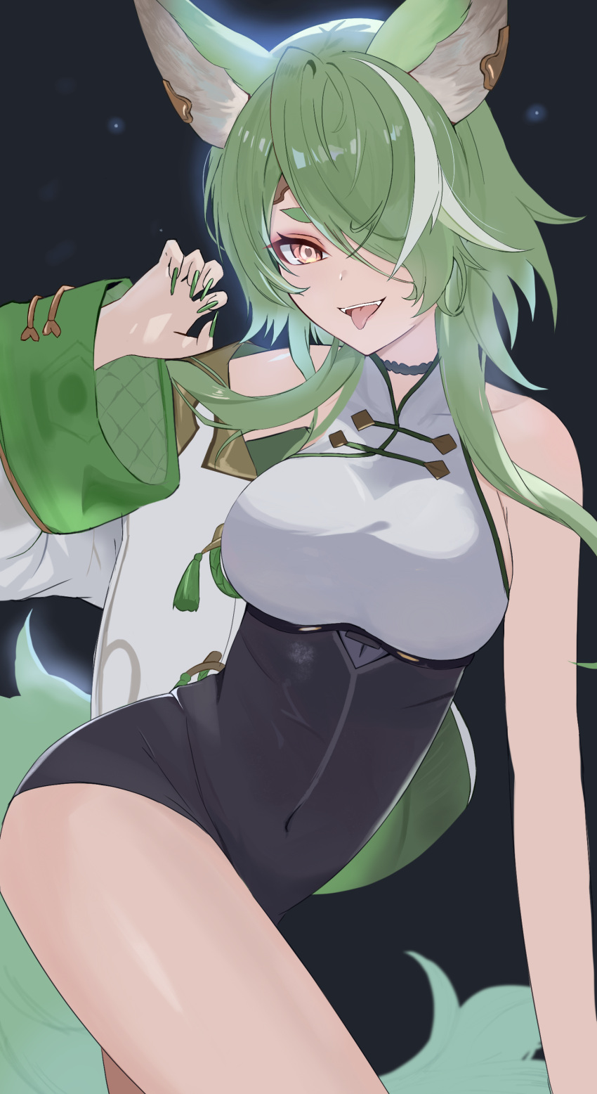 1girl, absurdres, ami_(granblue_fantasy), animal_ears, asymmetrical_bangs, claw_pose, claws, erune, granblue_fantasy, green_hair, green_nails, hair_over_one_eye, highres, one_eye_covered, sharp_teeth, short_hair_with_long_locks, solo, teeth, thick_eyebrows, tongue, tongue_out, tumugi_sunohara