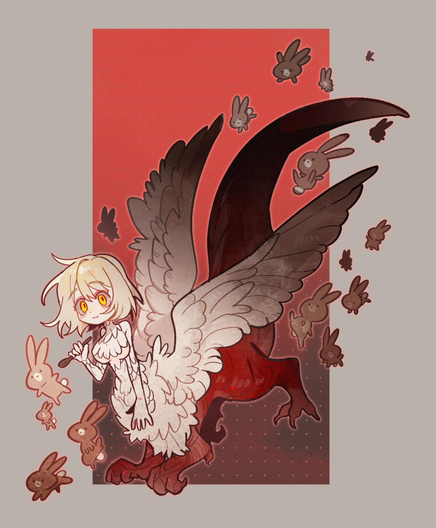 1girl, :t, bird_wings, blonde_hair, border, chimera, claws, commentary
