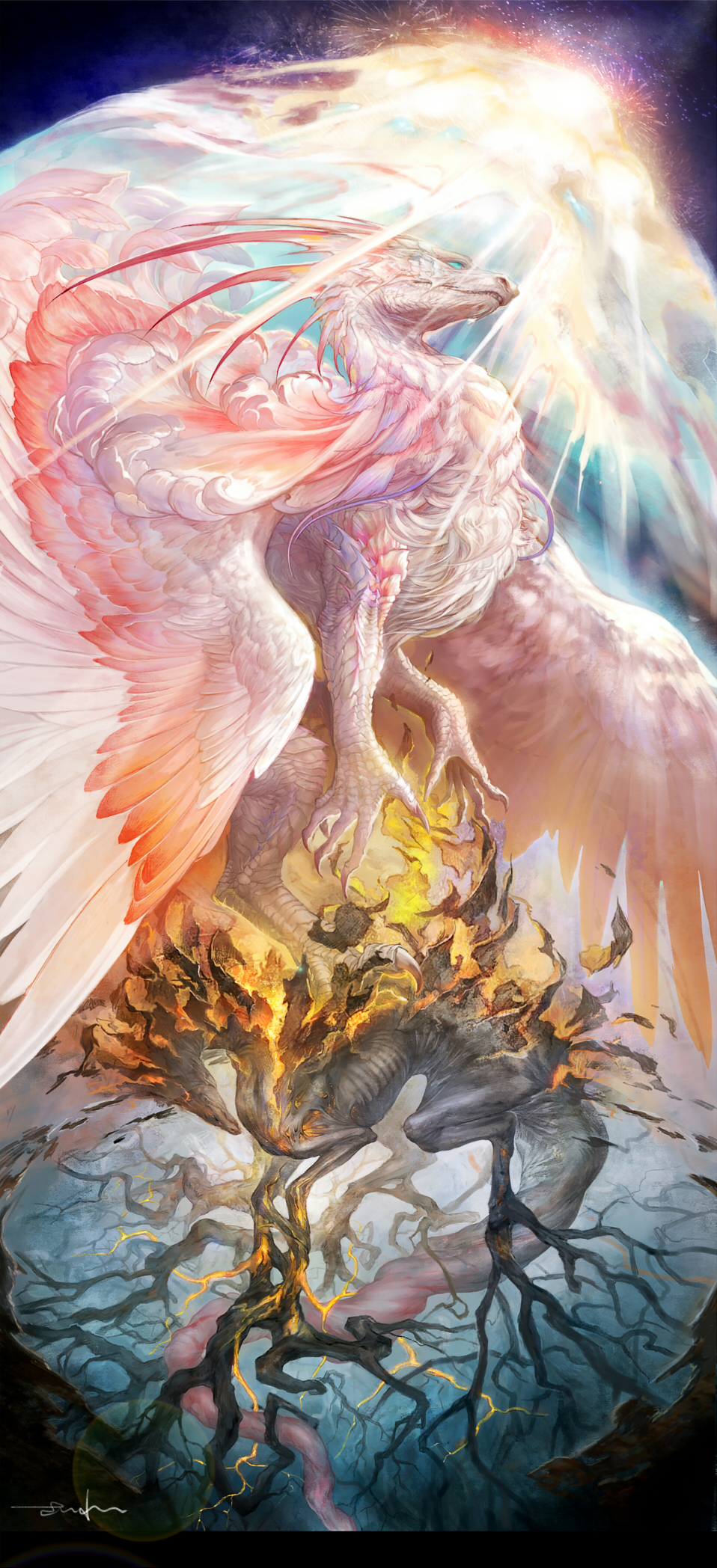 aerial_fireworks, animal_focus, bare_tree, blue_eyes, burning, burnt, claws, closed_eyes