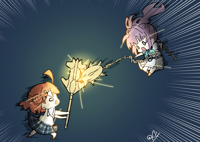 0_0, 2girls, absurdres, aqua_neckerchief, attack, battle, blue_skirt, blunt_bangs
