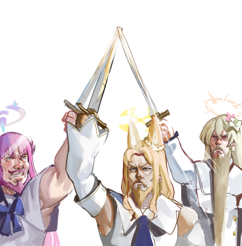 3boys, animal_ear_fluff, animal_ears, beard, blonde_hair, blue_archive, blue_bow, bow