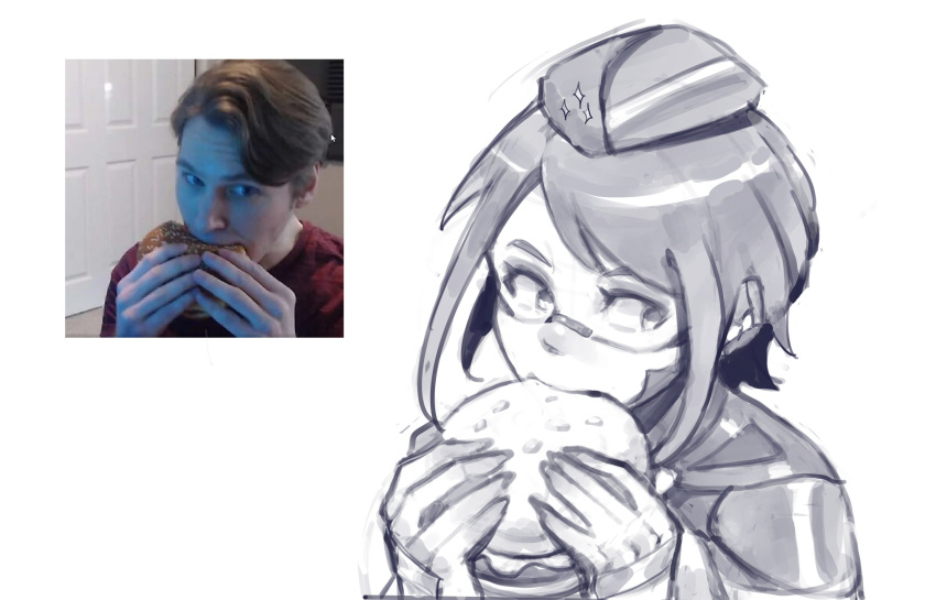 1girl, android, burger, decayedparasite, eating, eule_(signalis), food, hands_up