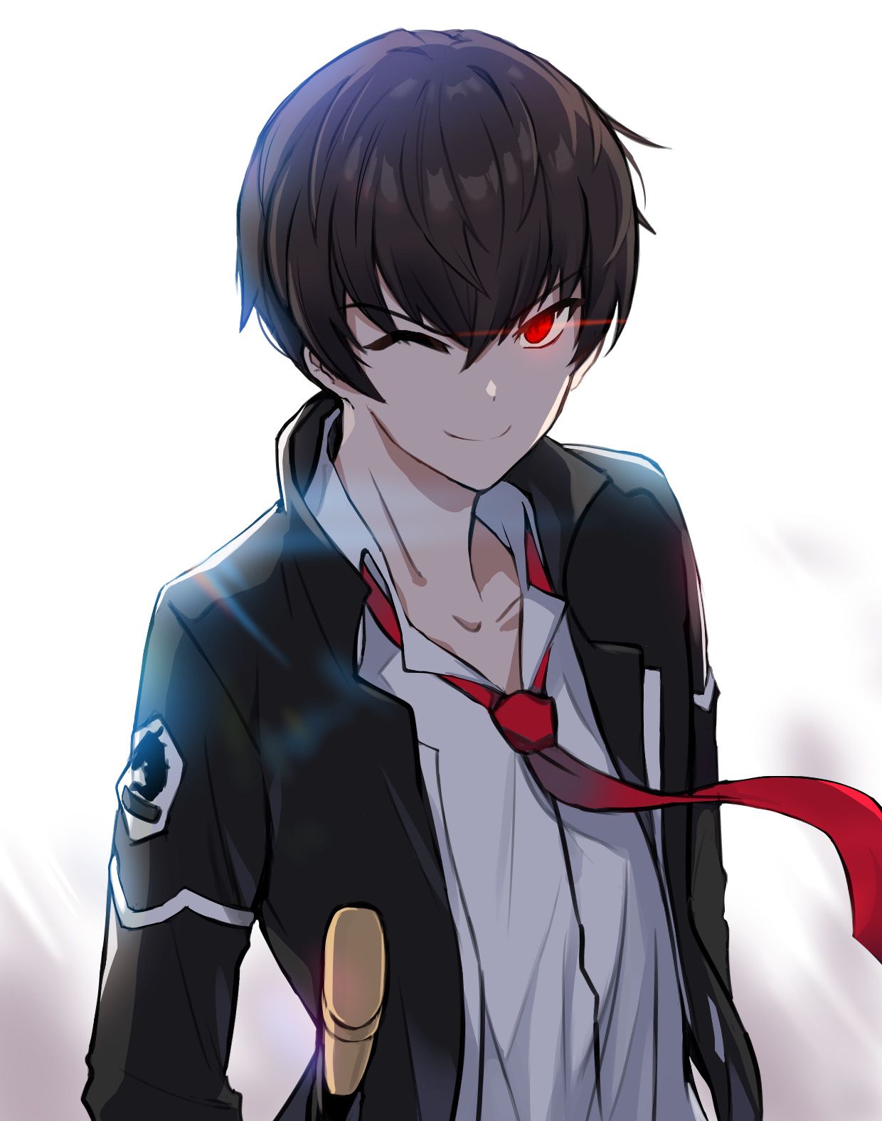 >:), 1boy, ;), backlighting, black_jacket, brown_hair, collarbone, collared_shirt