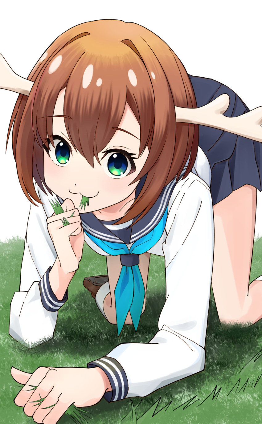 1girl, :3, absurdres, all_fours, antlers, aqua_neckerchief, blue_sailor_collar, blue_skirt