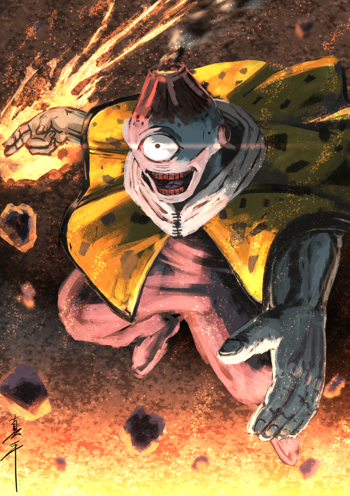 1other, ashes, black_pants, cloak, colored_skin, colored_teeth, cursed_spirit_(jujutsu_kaisen), eye_trail