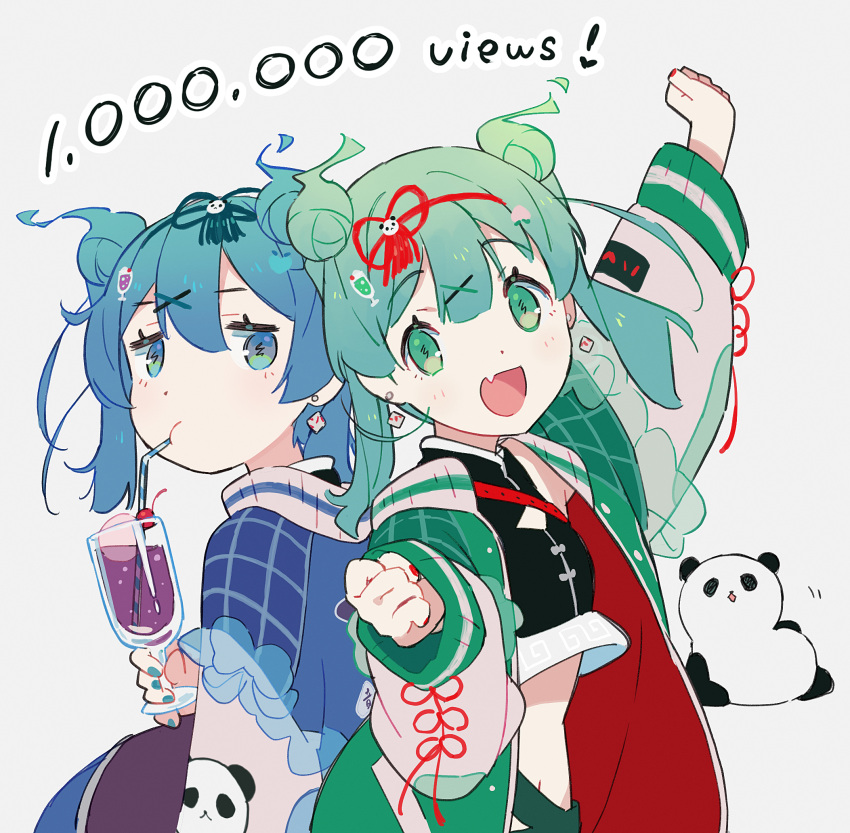 2girls, blue_nails, china_dress, chinese_clothes, double_bun, dress, drinking, drinking_straw
