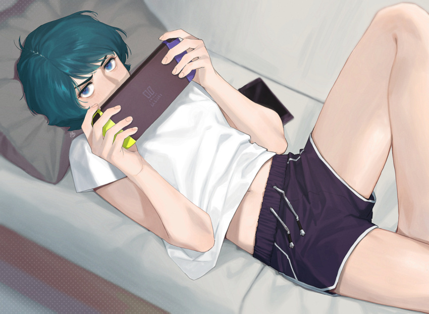 1boy, blue_eyes, blue_hair, casual, couch, gundam, handheld_game_console, holding, holding_handheld_game_console, indoors, kamille_bidan, lying, nintendo_switch, on_couch, pillow, short_hair, shorts, solo, ususio_11, zeta_gundam