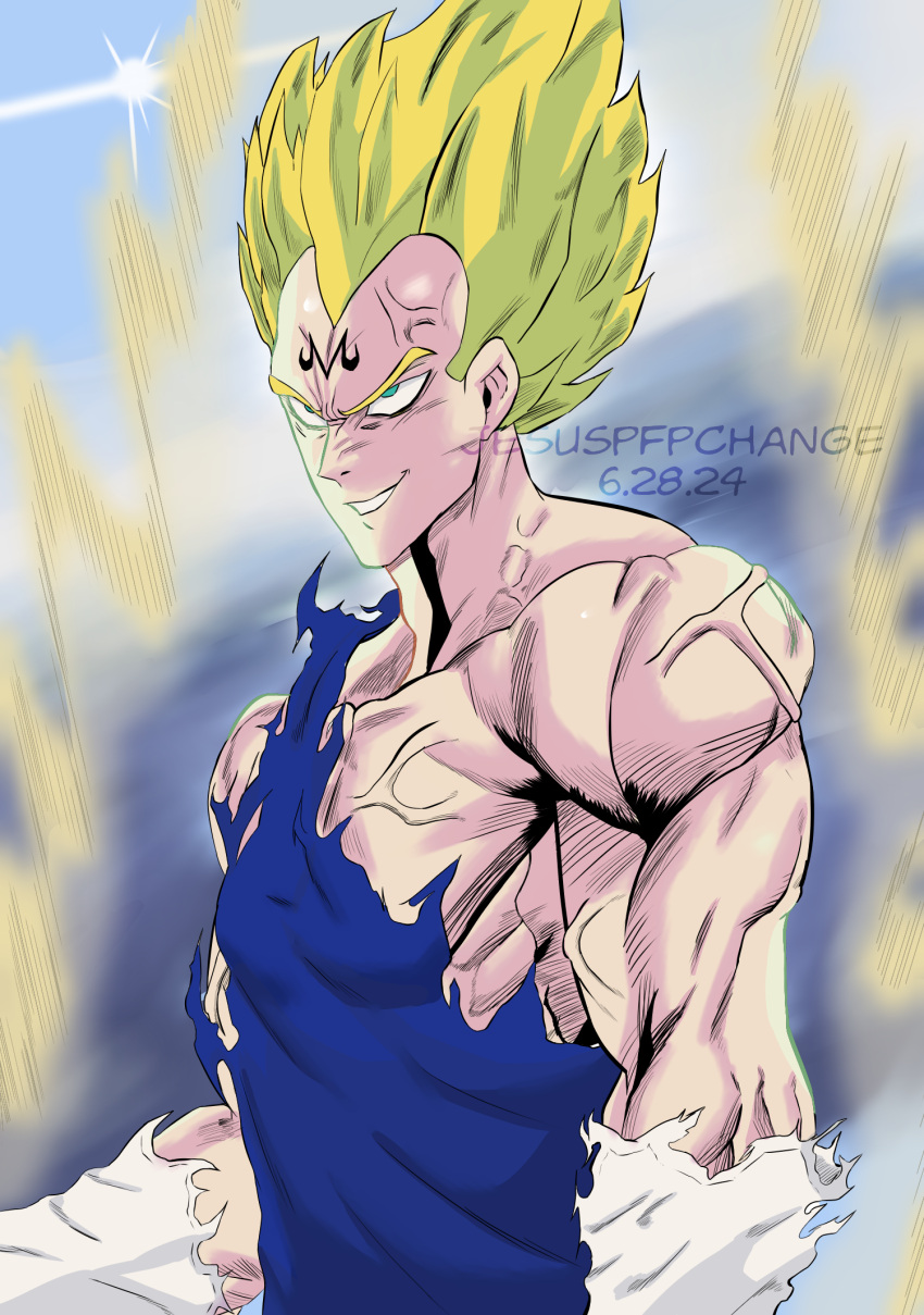 aura, blonde_hair, blue_eyes, blue_shirt, clouds, cloudy_sky, dragon_ball, dragon_ball_z