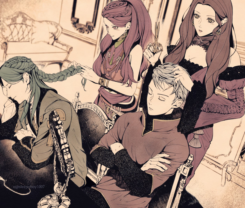2boys, 2girls, artist_name, bare_shoulders, braid, breasts, brown_hair, caspar_von_bergliez, chair, closed_eyes, closed_mouth, comb, cutting_hair, dorothea_arnault, dress, earrings, fire_emblem, fire_emblem:_three_houses, from_side, gold_bracelet, green_hair, grey_hair, holding, holding_another's_hair, holding_scissors, hololive, indoors, jewelry, large_breasts, linhardt_von_hevring, long_hair, long_sleeves, looking_at_mirror, mirror, multiple_boys, multiple_braids, multiple_girls, parted_lips, petra_macneary, ponytail, purple_hair, scissors, short_hair, sitting, sleepyboy1007, sleeveless, standing, table, turtleneck, twitter_username, upper_body, wide_ponytail, wristband