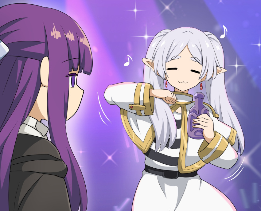 2girls, :3, =_=, belt, black_belt, black_robe, capelet, closed_eyes, closed_mouth, dancing, dangle_earrings, earrings, elf, fern_(sousou_no_frieren), flask, frieren, grey_hair, highres, holding, holding_flask, jewelry, lightstick, long_hair, meme, multiple_girls, musical_note, pointy_ears, potion, purple_hair, robe, shikairo_days_dance_(meme), shikanoko_nokonoko_koshitantan, shirt, skirt, sousou_no_frieren, striped_clothes, striped_shirt, suwaneko, twintails, violet_eyes, white_capelet, white_skirt