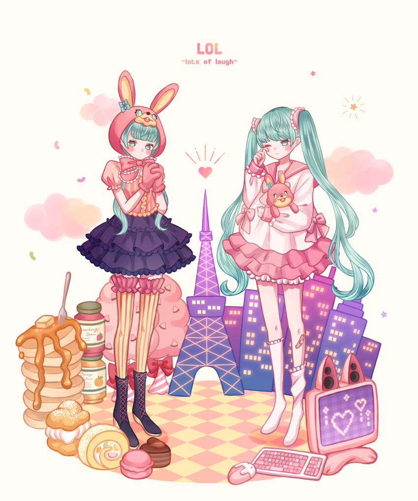 2girls, animal_hood, aqua_eyes, aqua_hair, ari_(oonmnmooo), bandaid, bandaid_on_leg, black_footwear