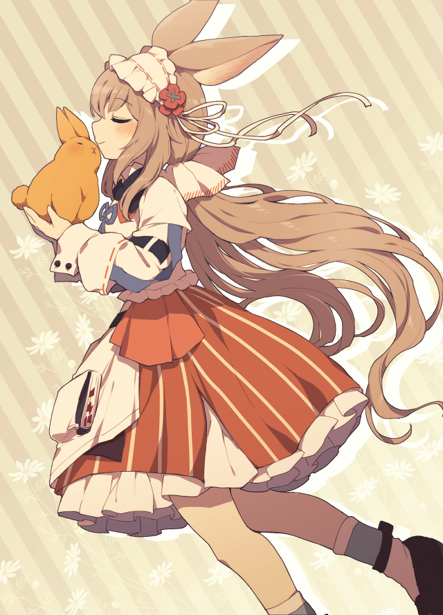 1girl, animal, animal_ears, areola_slip, arknights, black_footwear, blush, brown_hair, closed_eyes, commentary_request, drop_shadow, feet_out_of_frame, headdress, holding, holding_animal, holding_rabbit, kiss, kissing_animal, lari_lab, long_hair, long_sleeves, rabbit, rabbit_ears, shadow, shirt, socks, solo, striped_background, warmy_(arknights), white_shirt, yellow_background