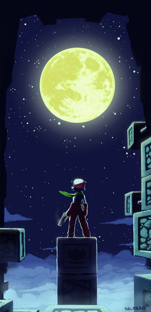 1boy, artist_name, black_hair, block_(object), clouds, cloudy_sky, commentary, doukutsu_monogatari, english_commentary, from_behind, full_moon, gloves, glowing, green_scarf, gun, hat, holding, holding_gun, holding_weapon, in_shadow, kelzero, moon, night, night_sky, pants, photoshop_(medium), quote_(doukutsu_monogatari), red_gloves, red_hat, red_pants, scarf, signature, sky, solo, standing, star_(sky), weapon
