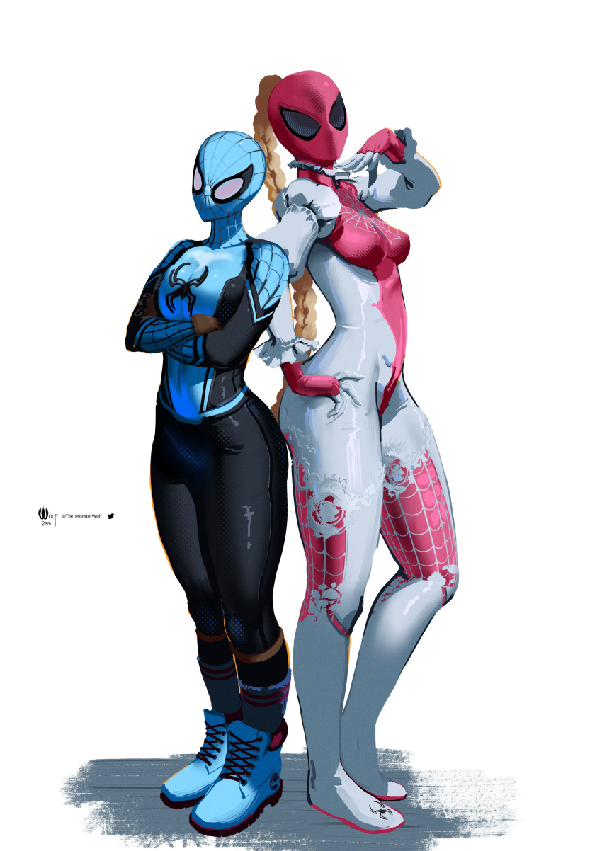 2girls, absurdres, animal_print, back-to-back, blonde_hair, blue_bodysuit, bodysuit, breasts, cosplay, crossed_arms, english_commentary, frills, full_body, height_difference, highres, kazama_asuka, lili_(tekken), long_hair, marvel, mask, monster_wolf, multicolored_bodysuit, multicolored_clothes, multiple_girls, pink_bodysuit, puffy_sleeves, shoes, signature, silk, simple_background, spider-man, spider-man_(cosplay), spider-man_(series), spider_print, spider_web, spider_web_print, spidersona, standing, superhero_costume, tall_female, tekken, tekken_8, twitter_username, two-tone_bodysuit, very_long_hair, white_background