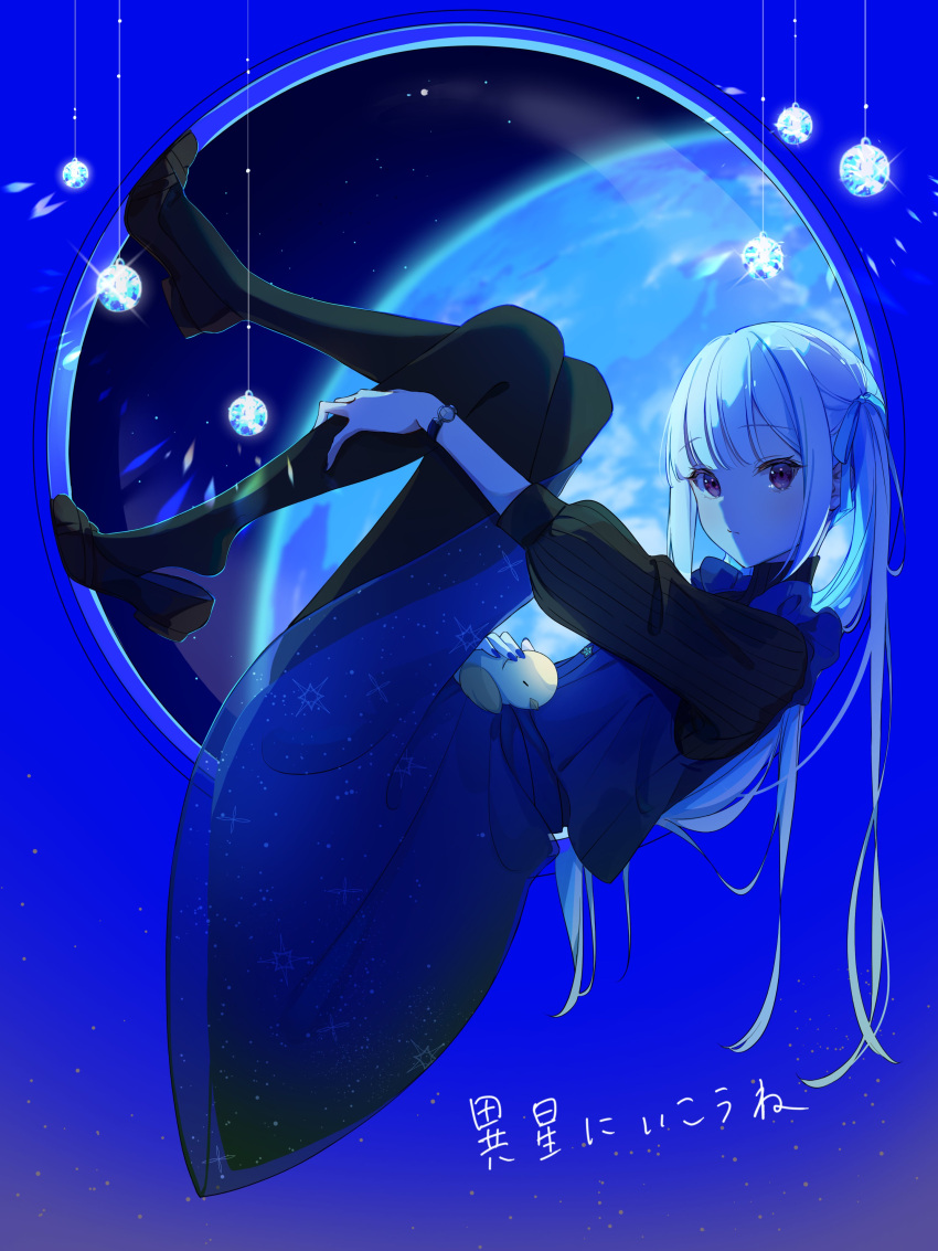 1girl, absurdres, bird_on_stomach, black_footwear, black_pantyhose, black_shirt, blue_dress, blue_nails
