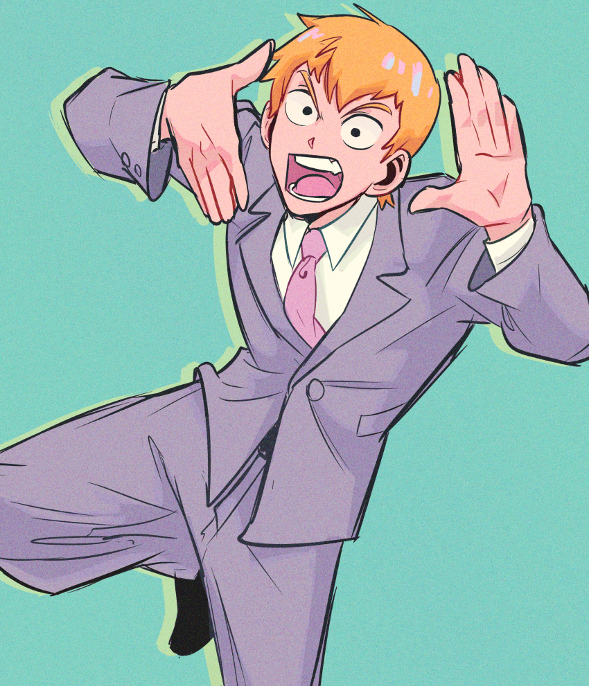 1boy, absurdres, aqua_background, blonde_hair, collared_shirt, formal, grey_jacket, highres