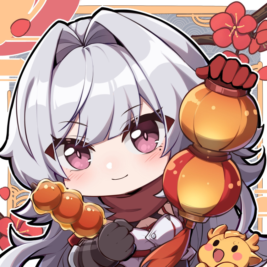 1girl, asymmetrical_gloves, brown_gloves, chibi, chinese_new_year, closed_mouth, dango, food