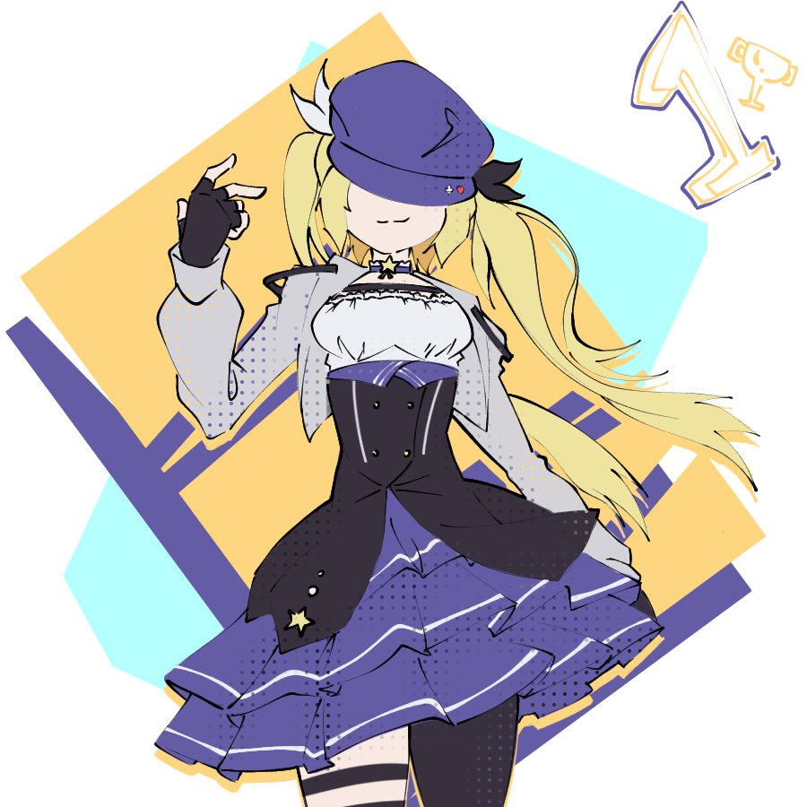 1girl, black_gloves, black_pantyhose, blonde_hair, blue_hat, blue_skirt, cabbie_hat, choker, commentary, covered_eyes, cowboy_shot, cropped_jacket, dokibird_(vtuber), dokibird_(vtuber)_(retro_doki), fingerless_gloves, frilled_choker, frilled_skirt, frills, gloves, grey_jacket, hat, hat_over_eyes, indie_virtual_youtuber, jacket, layered_skirt, long_hair, long_sleeves, mekuto_shiki, miniskirt, pantyhose, pleated_skirt, shirt, single_leg_pantyhose, skirt, solo, symbol-only_commentary, thigh_strap, twintails, underbust, virtual_youtuber, white_shirt