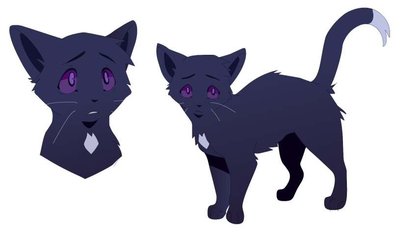 animal, animal_focus, animification, black_cat, black_fur, cat, frown, highres, looking_at_viewer, looking_up, multiple_views, no_humans, ravenpaw, sam_(kyaptainkiddo), standing, tail, violet_eyes, warrior_cats, whiskers, white_background, worried