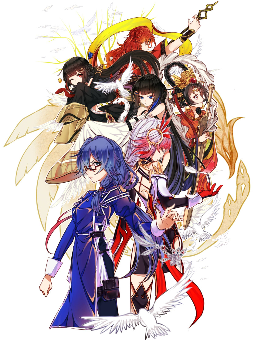 6+girls, absurdres, back-to-back, bad_id, bare_shoulders, bird, black_gloves, black_hair, black_pants, blue_eyes, blue_jacket, character_request, china_dress, chinese_clothes, closed_eyes, closed_mouth, covering_own_mouth, detached_sleeves, dove, dress, dual_persona, duwu_qian_xun_meng, elbow_gloves, fu_hua, fu_hua_(phoenix), fu_hua_(valkyrie_accipiter), glasses, gloves, hair_ornament, hanfu, highres, holding, holding_sword, holding_weapon, honkai_(series), honkai_impact_3rd, jacket, jixuanyuan, long_hair, long_sleeves, looking_at_viewer, multiple_girls, one_eye_closed, pants, red_eyes, redhead, simple_background, snake, sword, very_long_hair, weapon, white_background, white_hair, white_sleeves, wide_sleeves