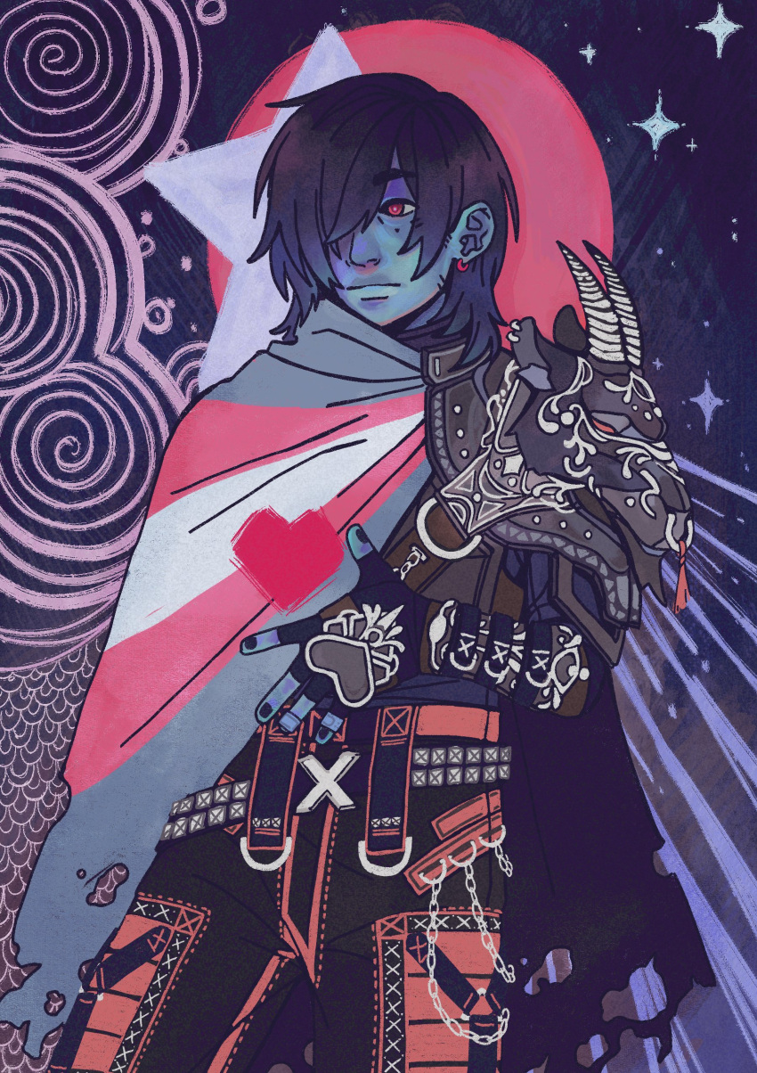 1other, abstract_background, absurdres, adapted_costume, androgynous, archivebottles, armor, blue_theme, chain, commentary, dark_background, deltarune, earrings, english_commentary, fingerless_gloves, gloves, heart, highres, jewelry, kris_(dark_world)_(deltarune), kris_(deltarune), medium_hair, pauldrons, shoulder_armor, single_earring, single_fingerless_glove, single_pauldron, soul_(deltarune), spiral_background, star_(sky), star_(symbol), transgender_flag