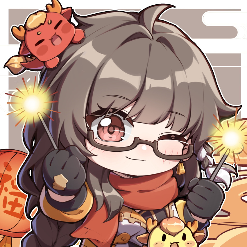 1girl, ;), braid, braided_ponytail, brown_eyes, brown_gloves, brown_hair, chibi, chinese_new_year, closed_mouth, entropy_(honkai_impact_3rd), female_dreamseeker_(honkai_impact), gloves, highres, holding, holding_fireworks, honkai_(series), honkai_impact_3rd, jacket, lantern, long_hair, long_sleeves, looking_at_viewer, one_eye_closed, orange_jacket, orange_scarf, scarf, semi-rimless_eyewear, smile, solo, upper_body, xinzhizhu